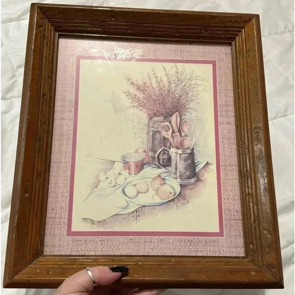 VTG Country Kitchen Baking Framed Picture Farmhouse Cottagecore Art Didtressed
